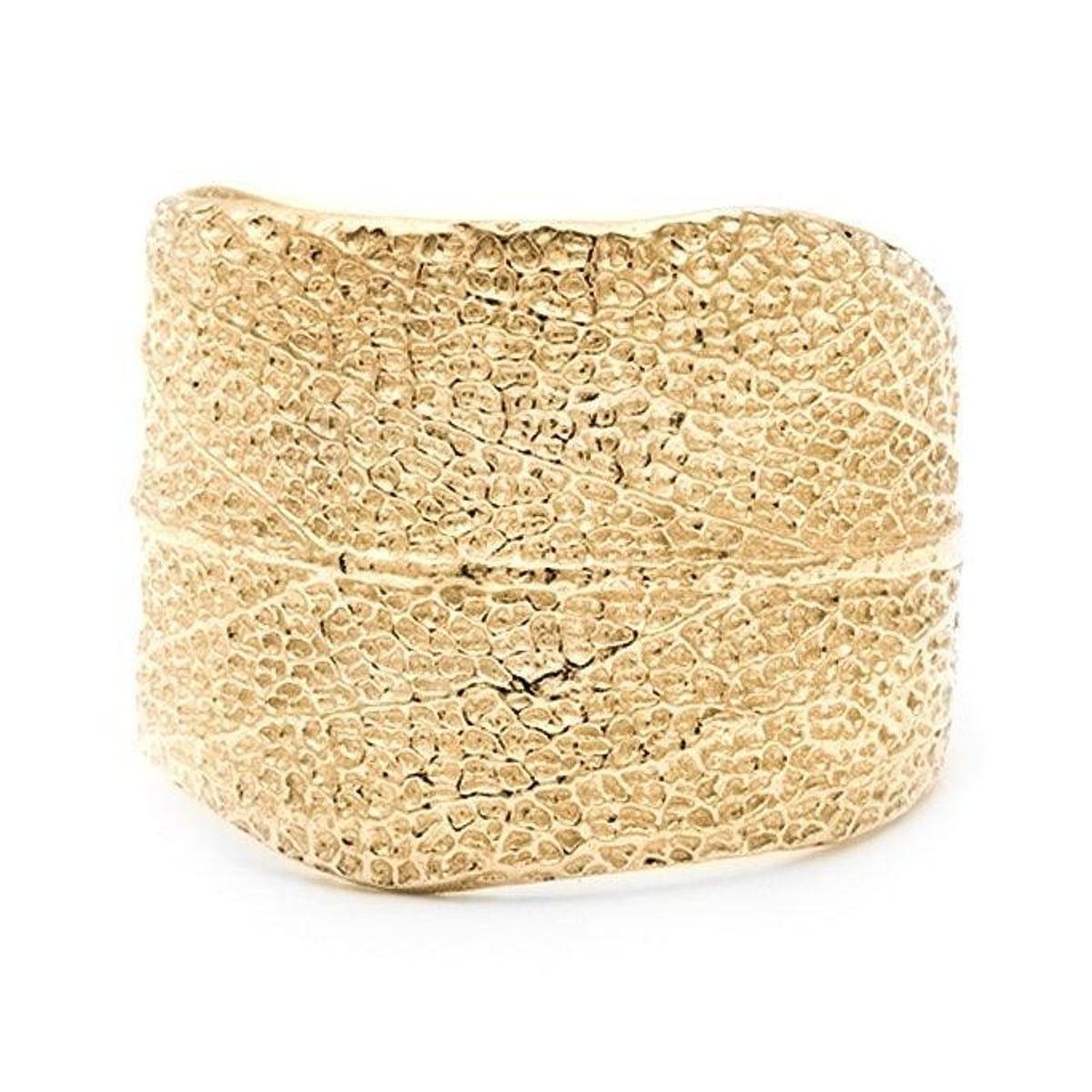 Sage leaf ring in 14k gold with textured leaf surface, front view