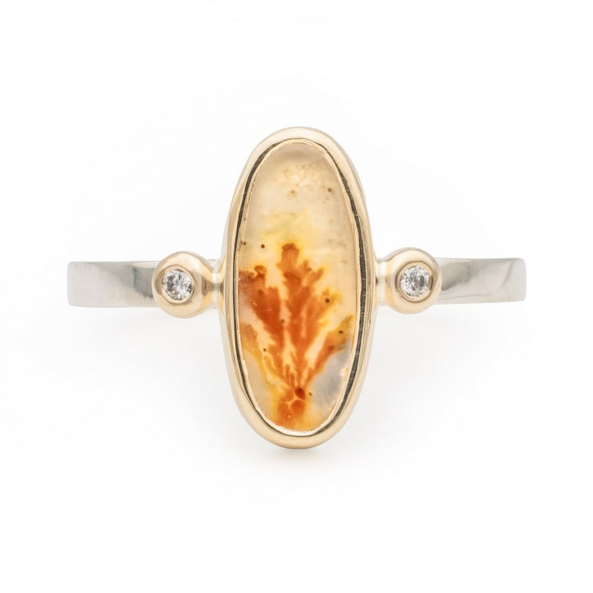 Petite Wren ring with a 1.25ct dendritic agate in 14k gold on a sterling silver band with two diamonds, front view