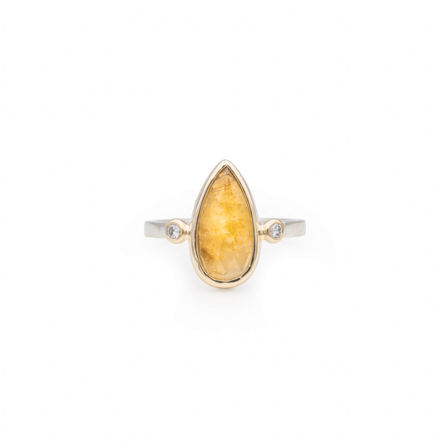Claire ring with a 3.45ct yellow sapphire in 14k gold, two diamond accents and a sterling silver band, front view