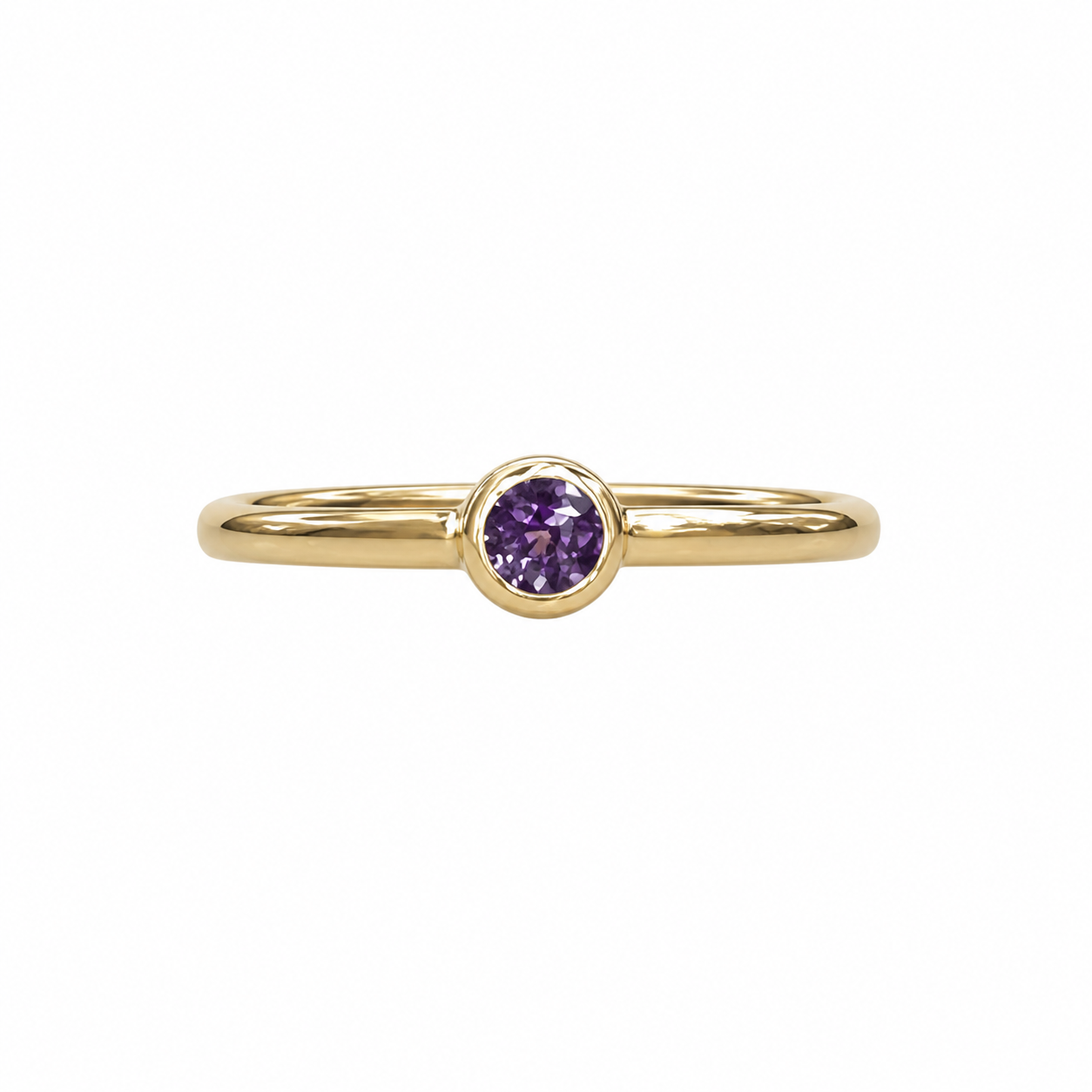 Kat Cadegan 14k gold ring with round purple gemstone bezel.