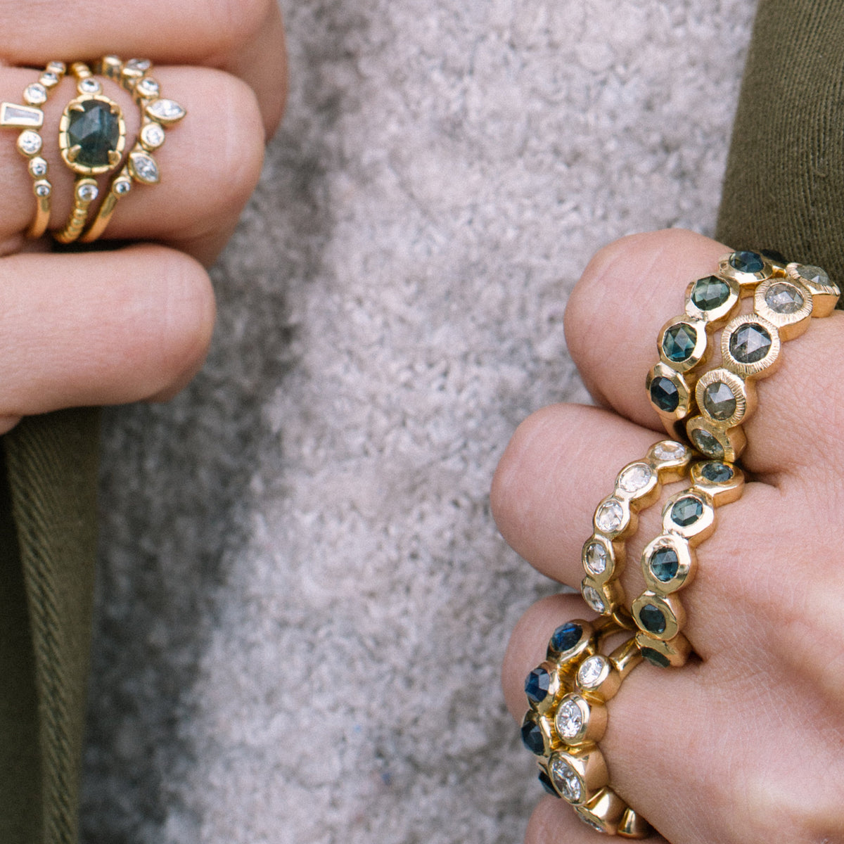 Frida collection layered on model - ready to ship - kat cadegan jewellery