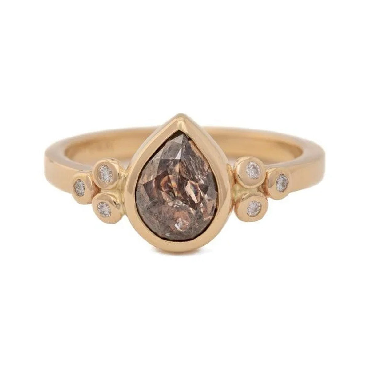 Aislin custom pear cognac diamond ring in gold with clustered round accents, front view