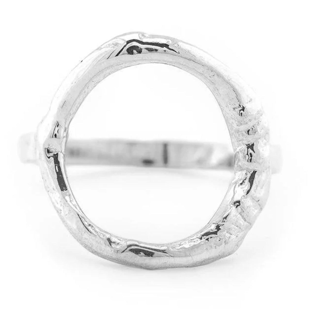 Aittin Ring in sterling silver, open circle with tree branch texture, front view