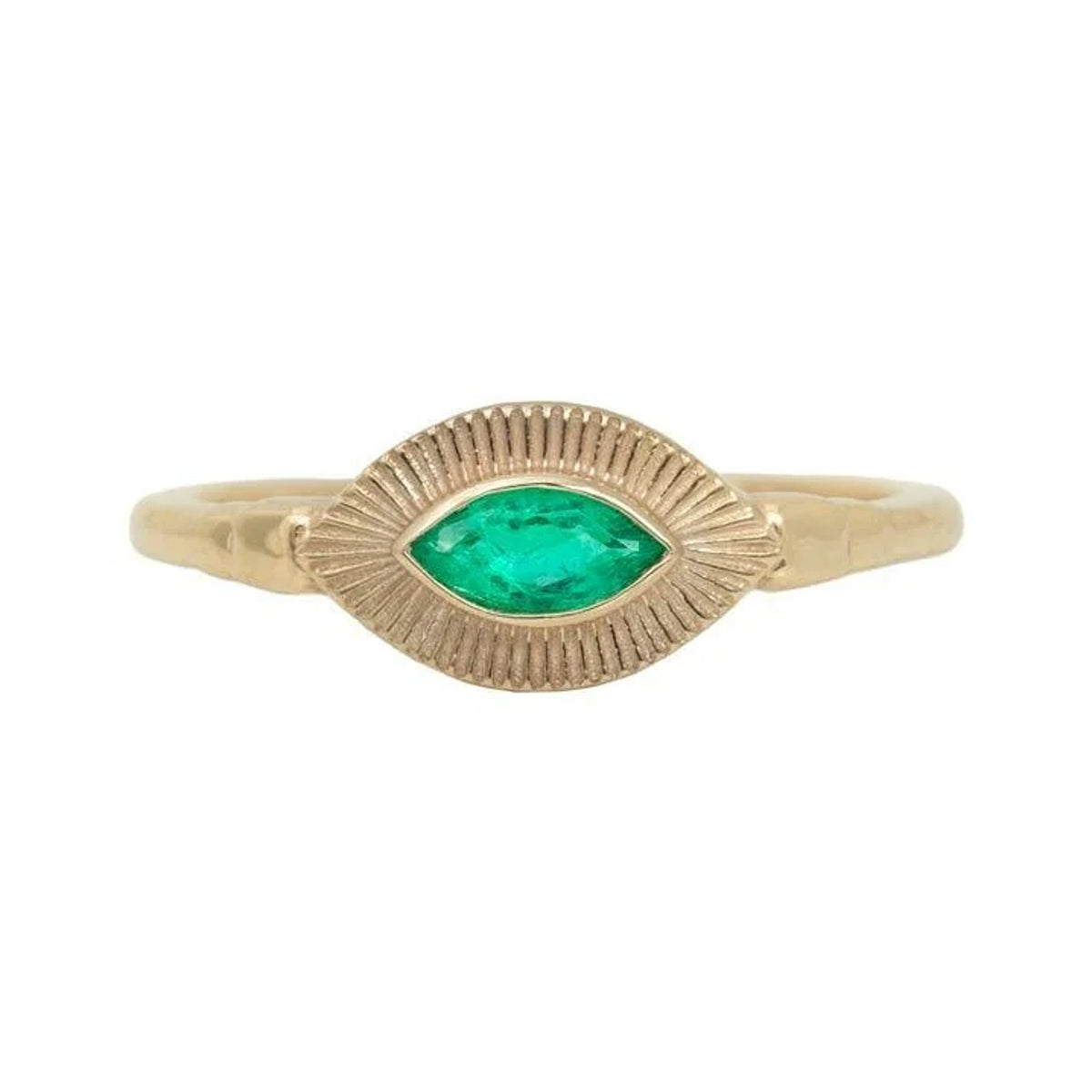 Ajna ring in 14k gold with a marquise emerald in a sunburst bezel, front view