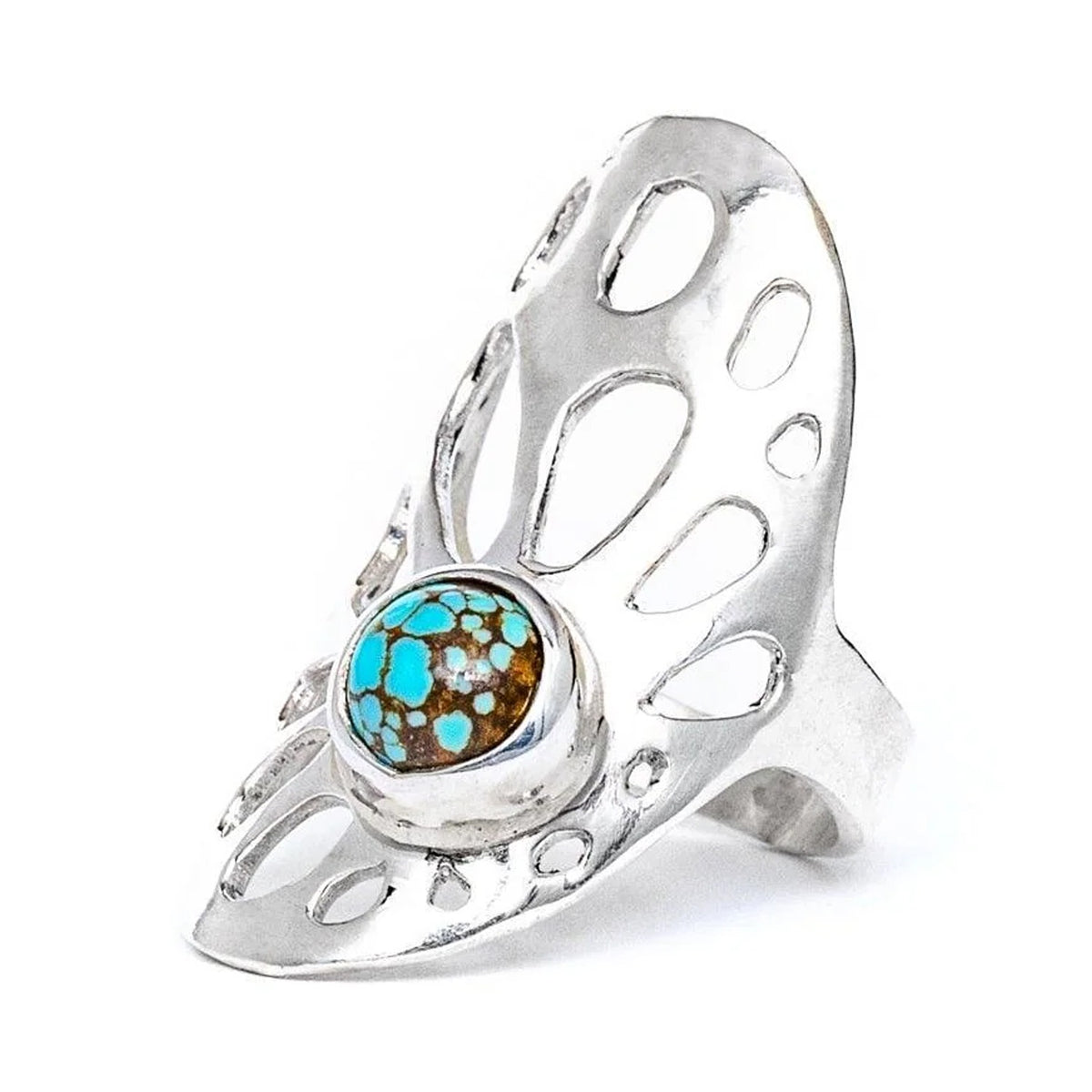 Amamtå Ring in sterling silver with a blue-green speckled gemstone, angled view