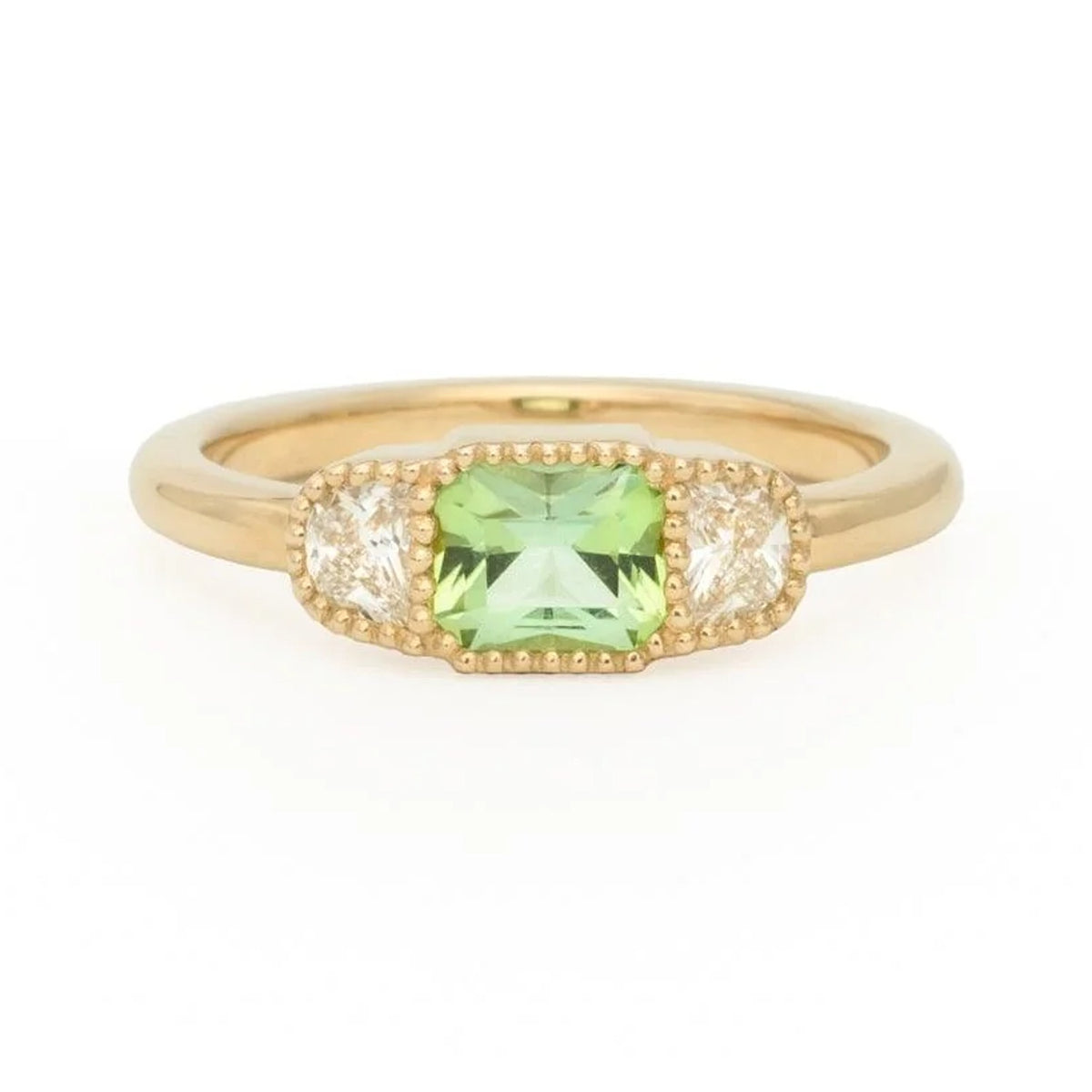 Amelia radiant cut mint green tourmaline ring in 14k gold with half moon diamonds, front view