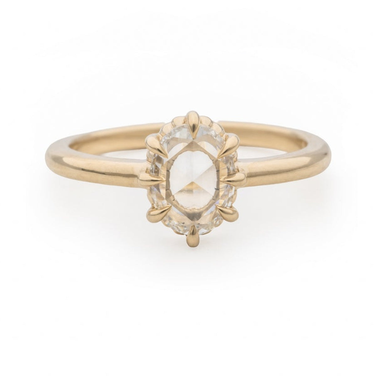 Amira ring with a 1.09ct rose cut oval lab grown diamond in a 14k gold prong setting, front view