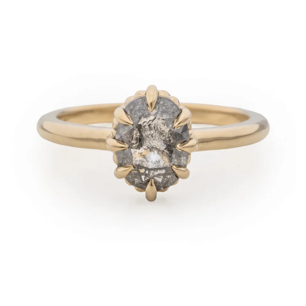 Amira ring with a 1.95ct rose cut oval salt and pepper diamond in a 14k gold prong setting, front view