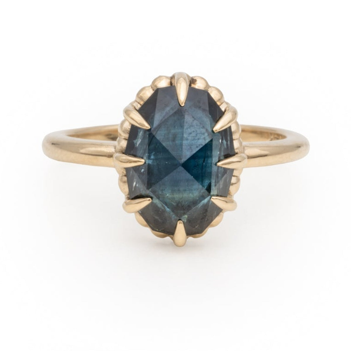Amira ring with a 4.04ct rose cut oval sapphire in a 14k gold prong setting, front view