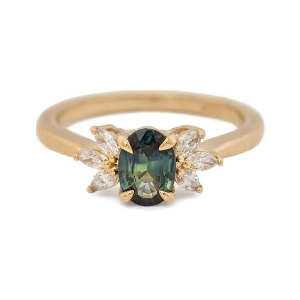 Annabella oval Montana sapphire ring in 14k gold with marquise diamond accents, front view