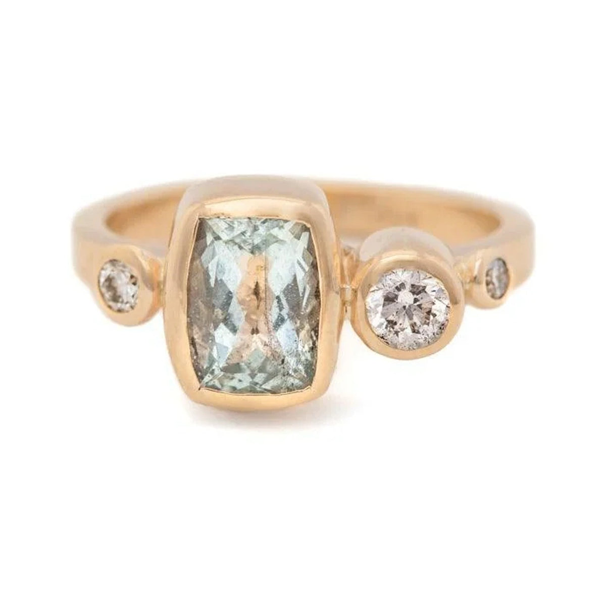 Audrey custom aquamarine and diamond ring in gold with bezel-set cushion stone, front view