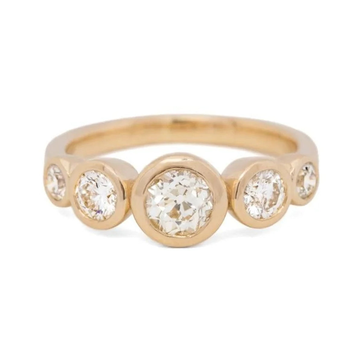 Aurora engagement ring in 14k yellow gold with five graduated bezel-set round lab-grown diamonds, 1.24 ctw