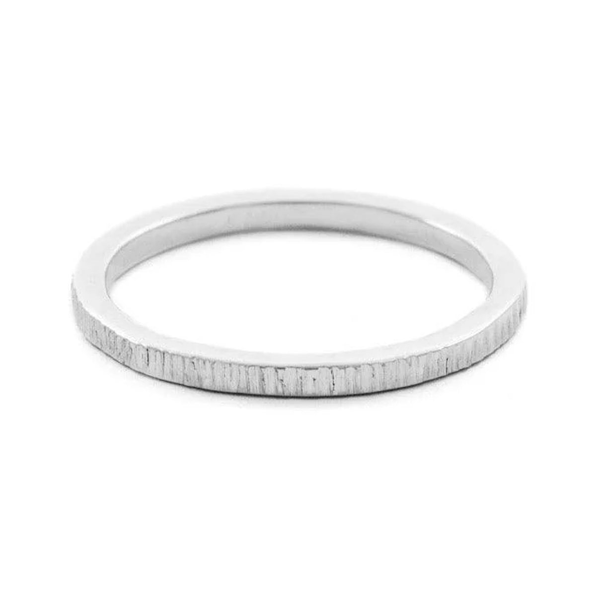 Bark 2mm sterling silver wedding band with fine bark texture, angled front view