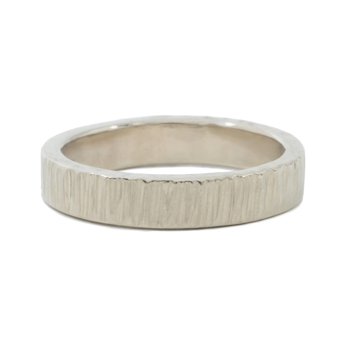 Bark 4mm sterling silver wedding band with vertical bark texture, front view