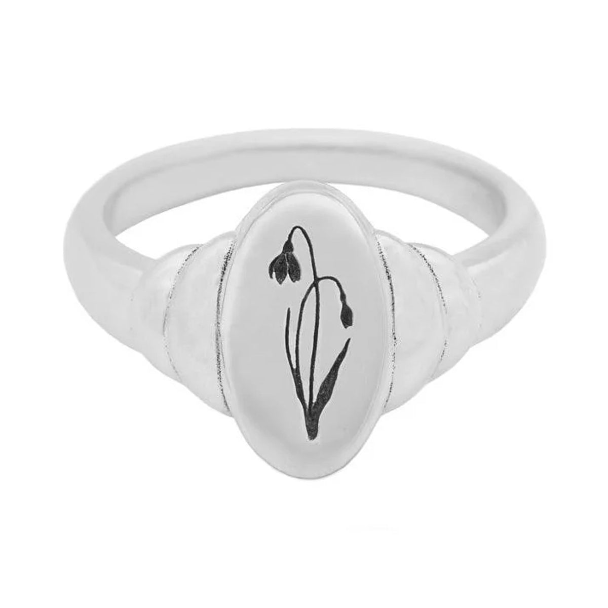 January snowdrop birth flower signet ring in sterling silver, front view