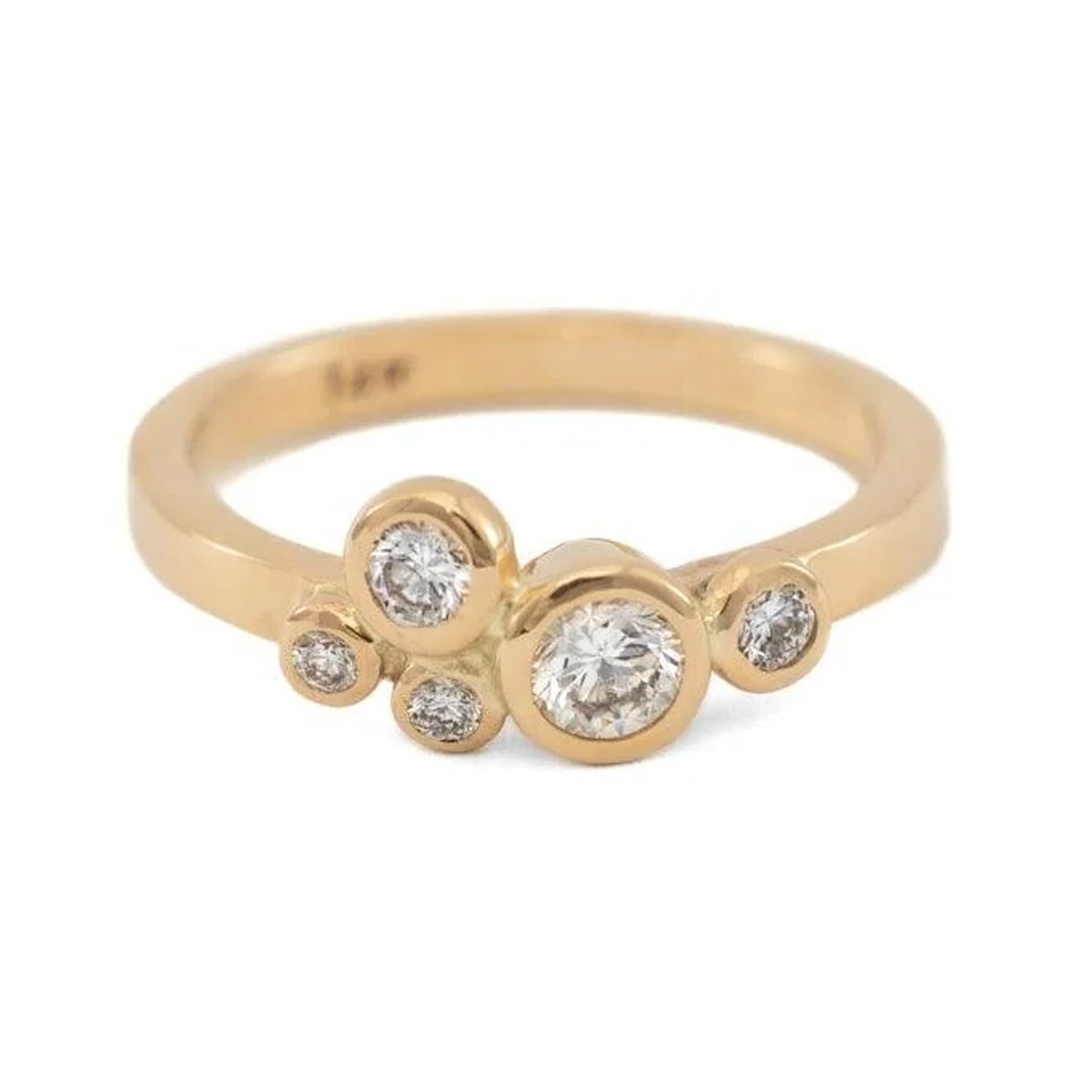 Brianne cluster ring in 14k gold with five bezel-set round diamonds, angled view