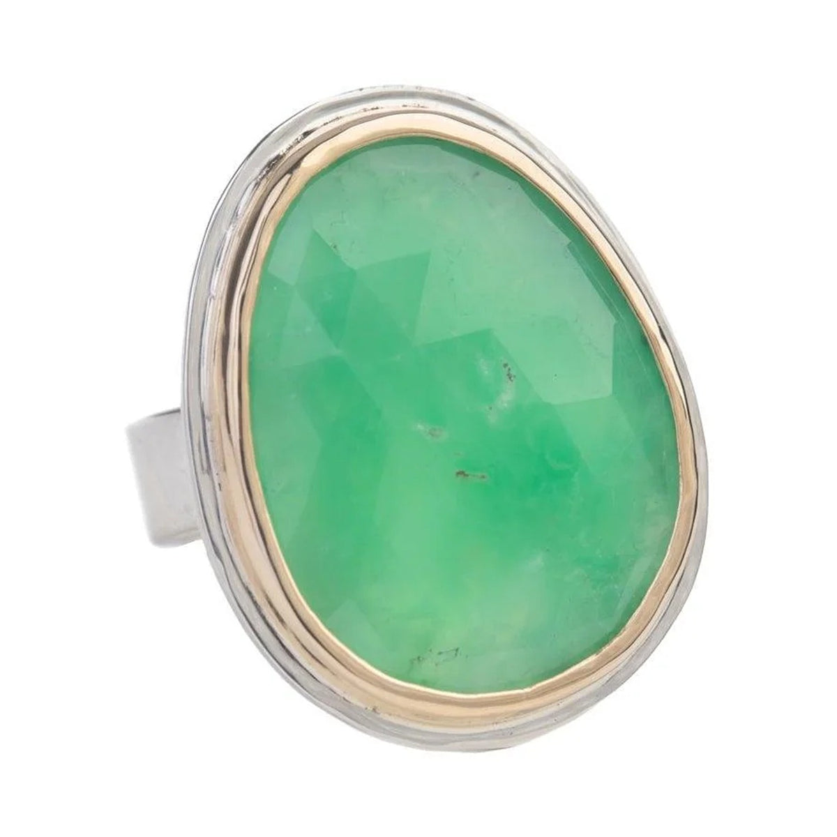 Skylar ring with a large chrysoprase in a 14k gold bezel and sterling silver halo, front view