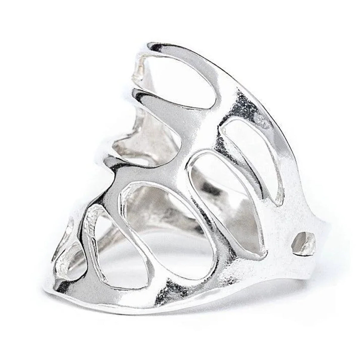 Cicada Wing Ring in sterling silver, angled side view of the cut-out wing design