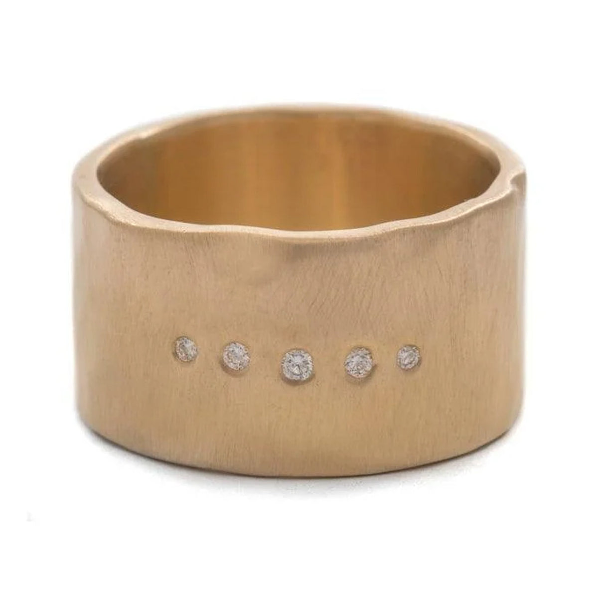 Cigar Band in 14k gold, 9mm wide with five flush-set diamonds, front view
