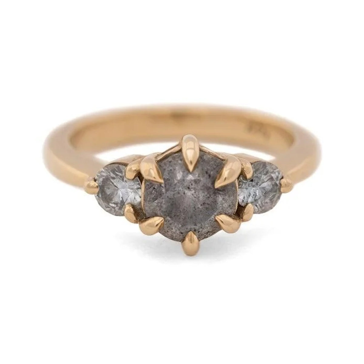 Clover custom ring with a grey salt and pepper diamond and two side stones in gold claws