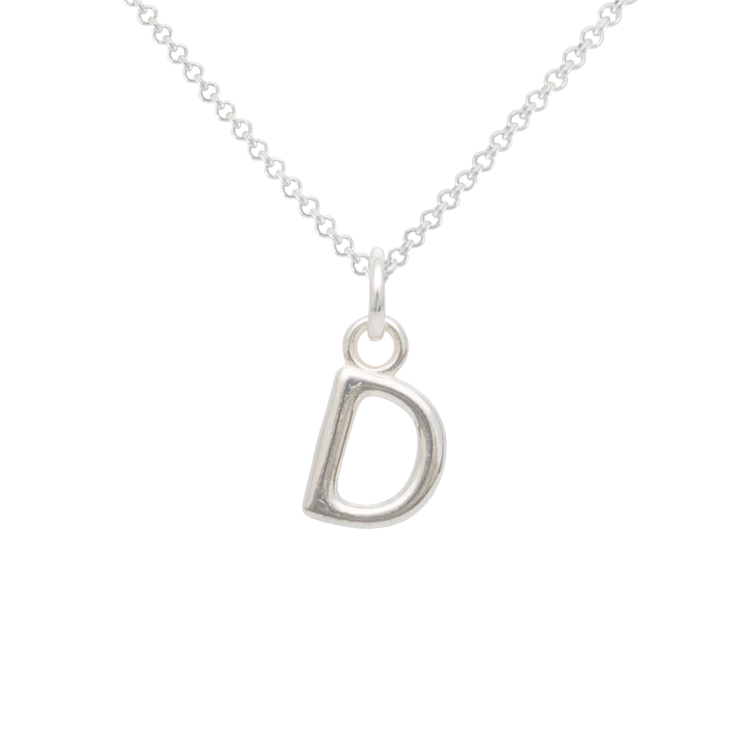 Silver necklace with a 'D' pendant on a white background