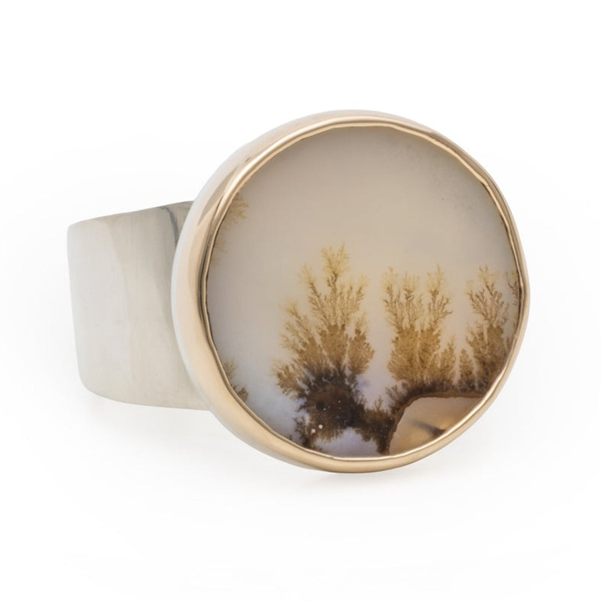 Dendritic agate coin ring with a 14k gold bezel on a wide sterling silver band, front view