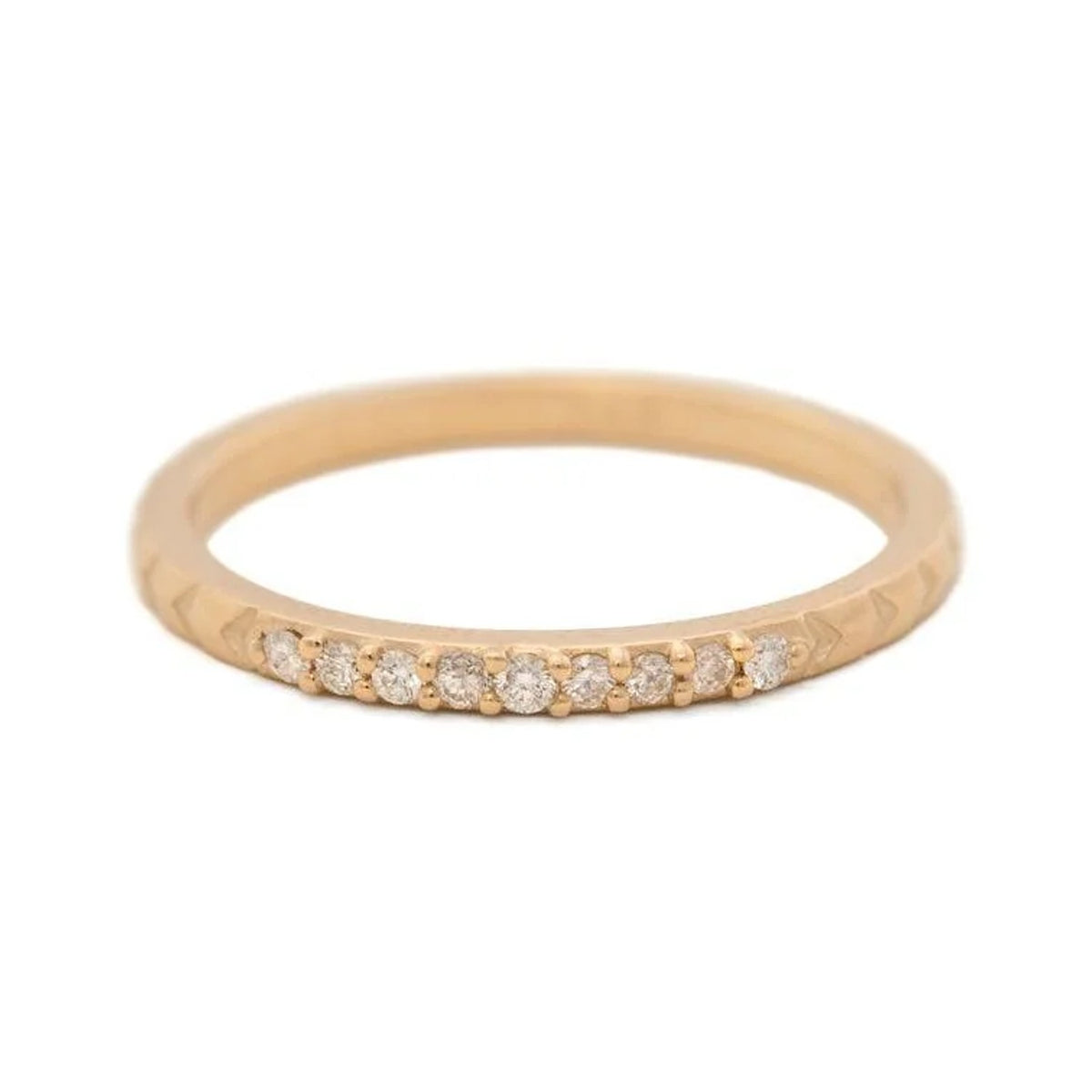 Diamond band in 14k yellow gold set with a row of small round white diamonds, front view