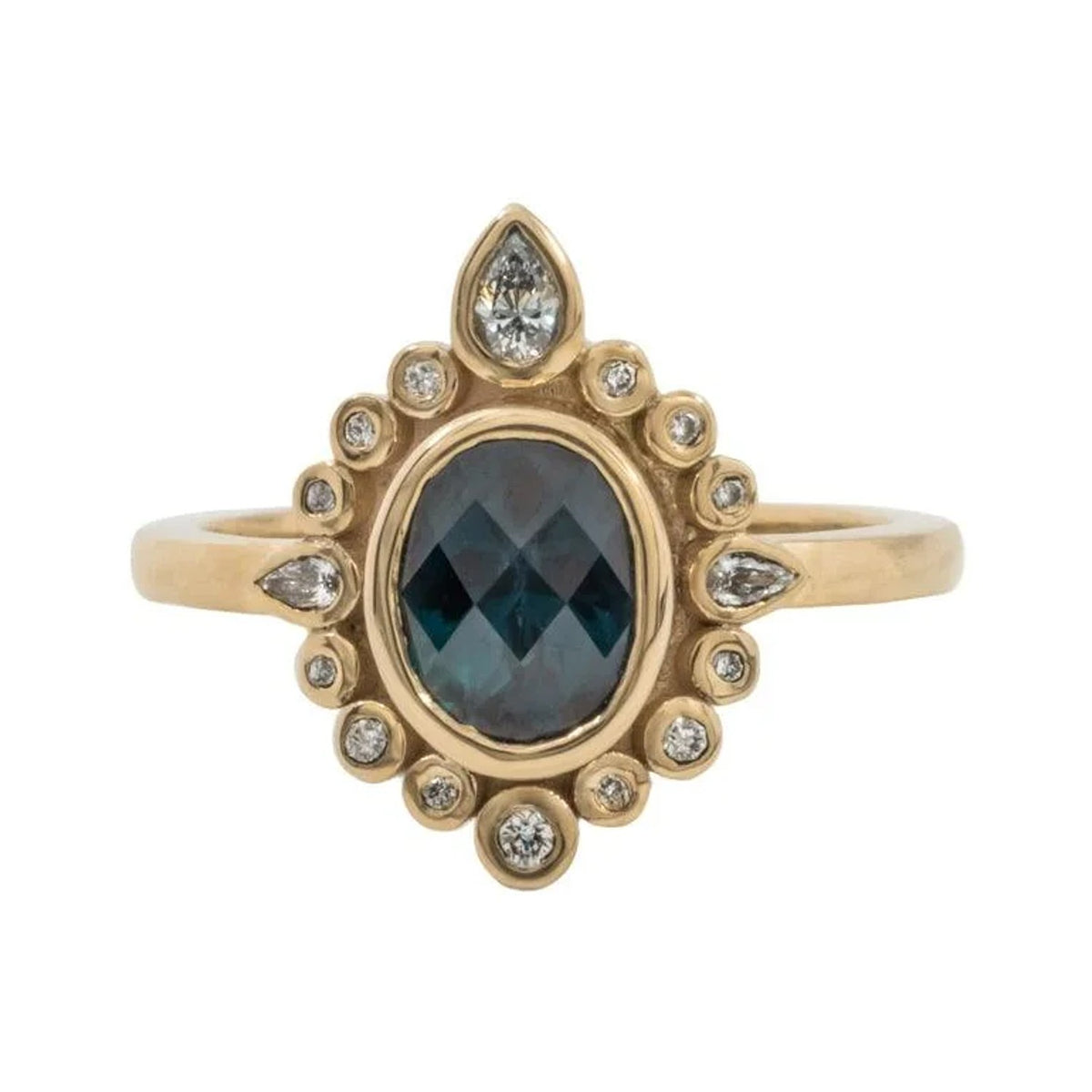 Diana custom ring with an oval blue gemstone in a halo of small white stones, front view
