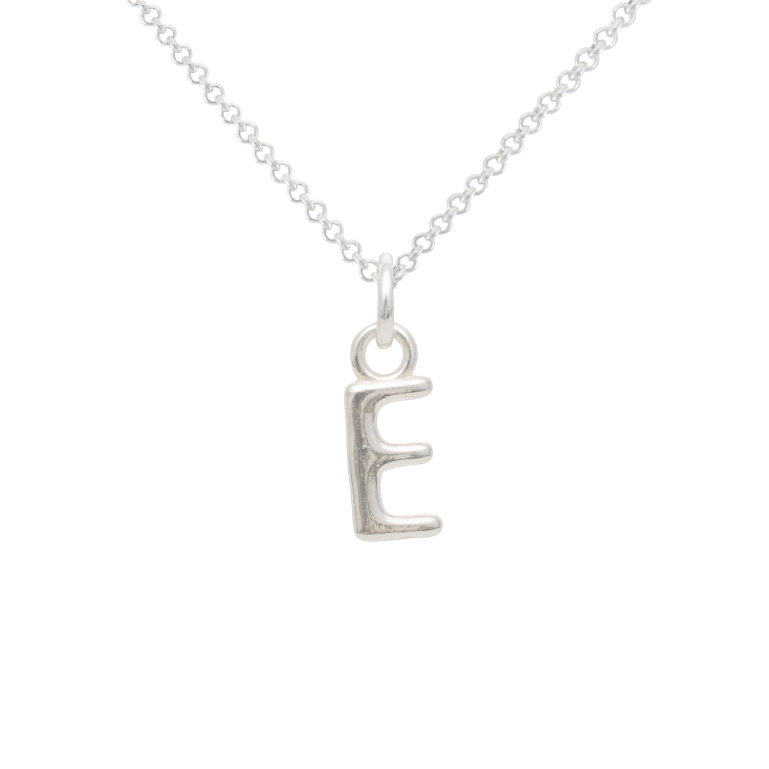 Silver necklace with a 'E' pendant on a white background