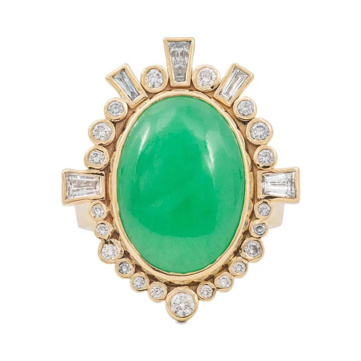 Elizabet ring with an oval green chrysoprase in a halo of round and baguette diamonds, 14k gold, front view