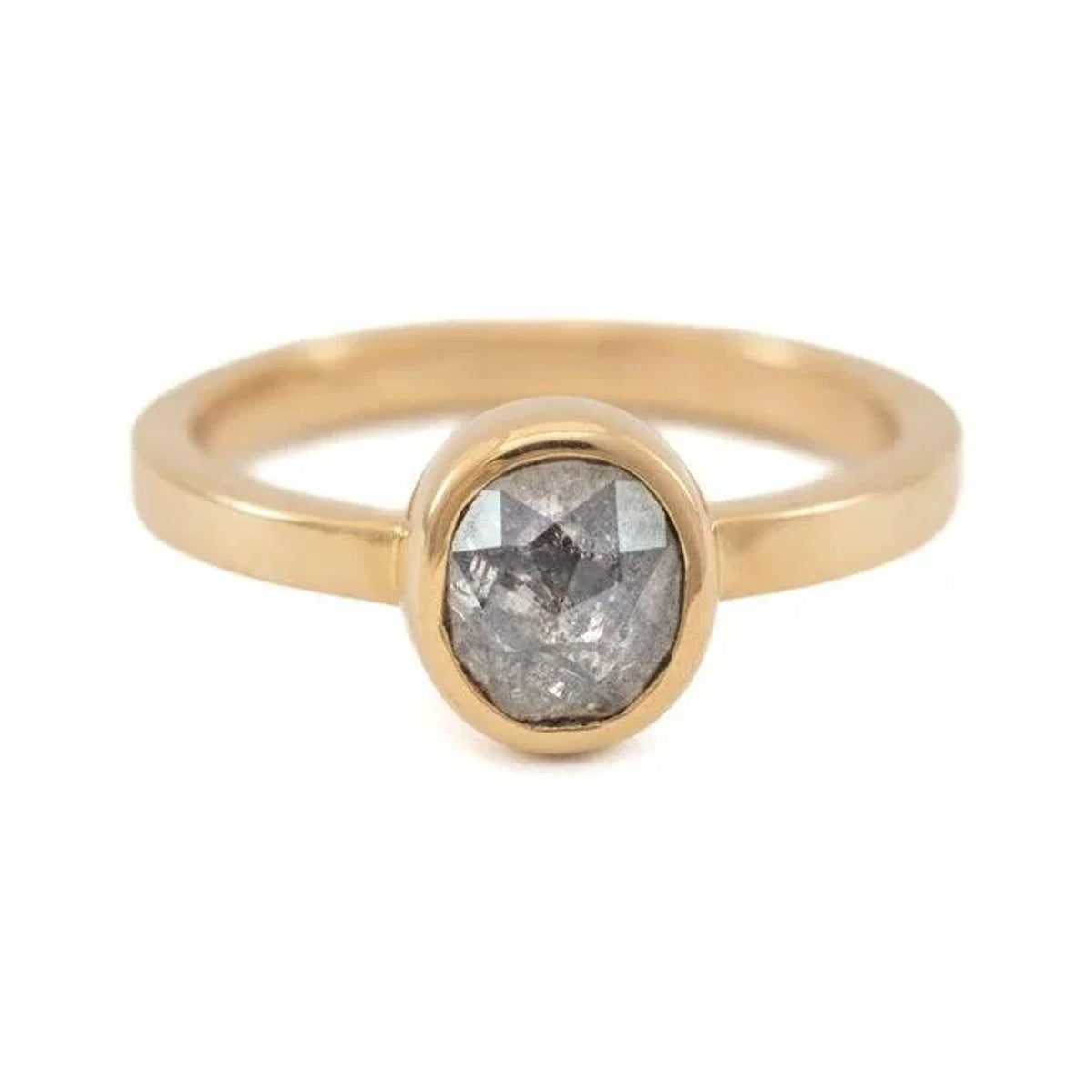 Ellie custom ring with an oval salt and pepper diamond in a 14k gold bezel, front view