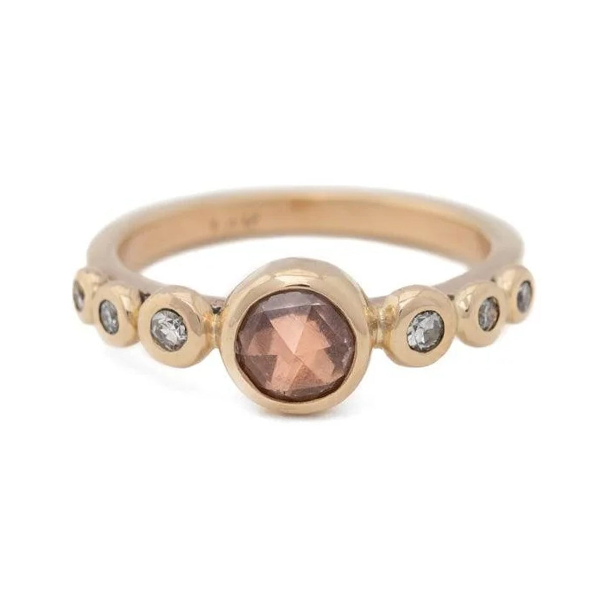 Elowyn custom zircon and diamond ring in gold with rose cut centre stone, front view