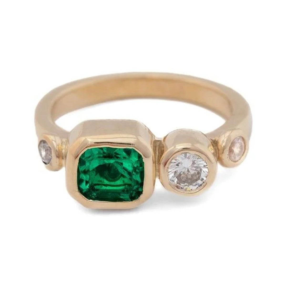 Alex emerald and diamond ring with a bezel-set emerald, round diamond and small side diamonds, front view