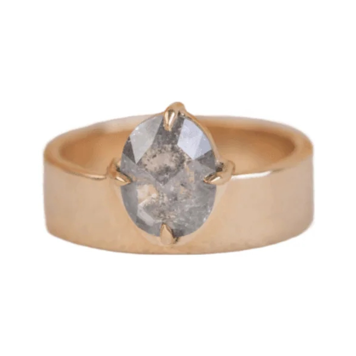 Annie custom salt and pepper diamond engagement ring with an oval stone on a wide gold band, front view