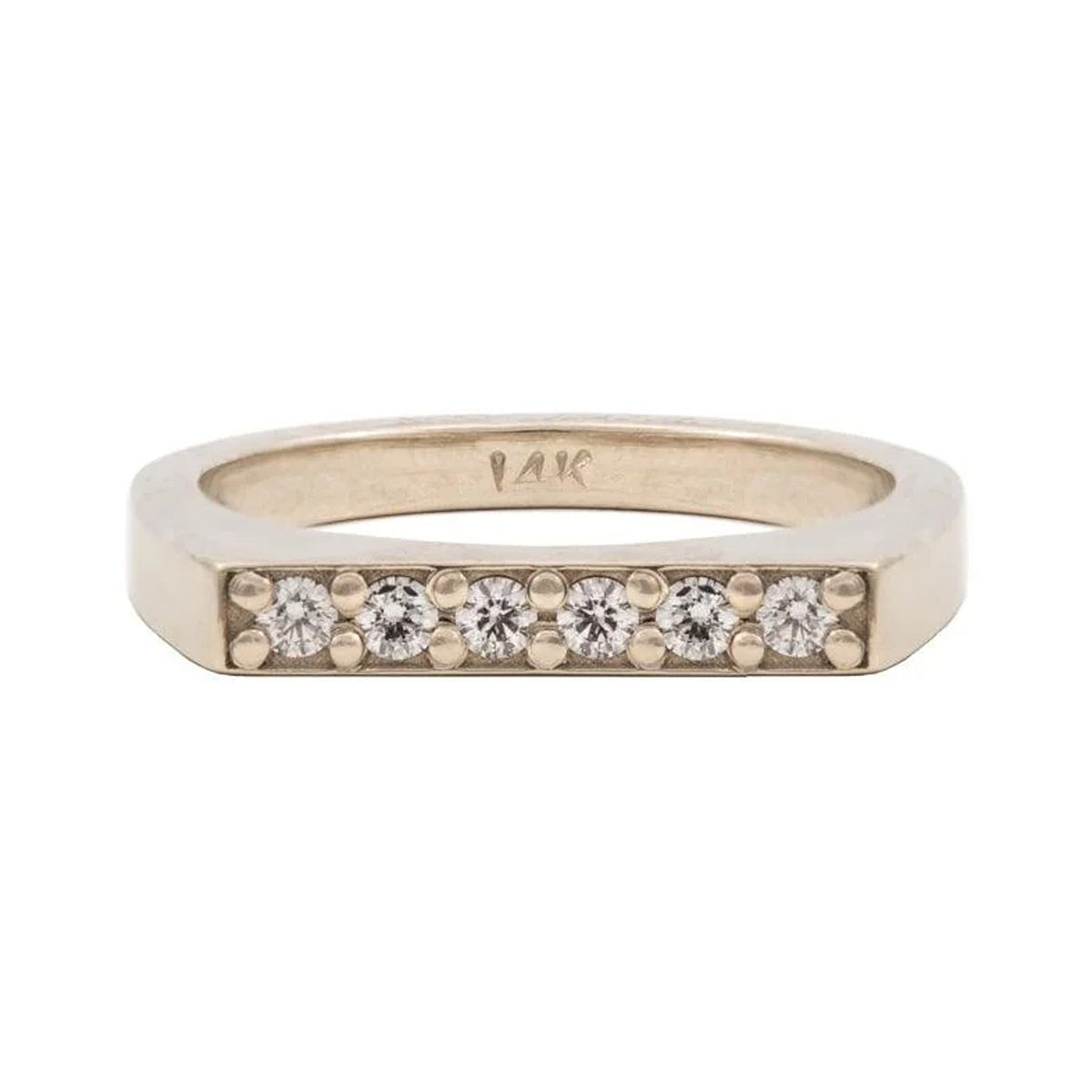 Estelle band in 14k white gold with six round diamonds in a straight bar setting, front view