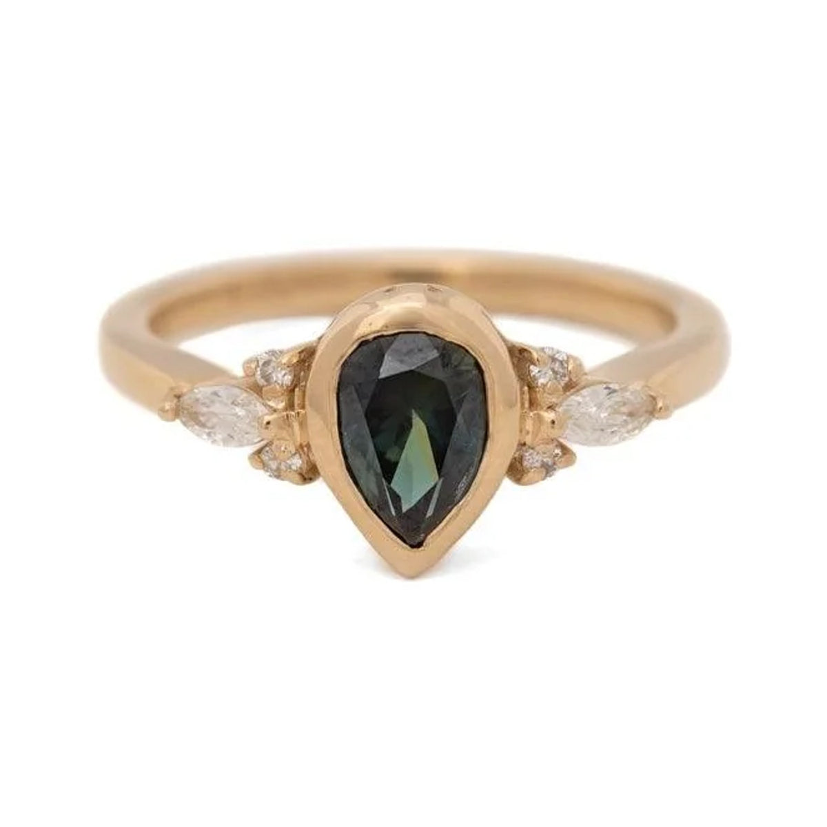 Evelyn custom pear sapphire ring in gold with marquise and round side stones, front view