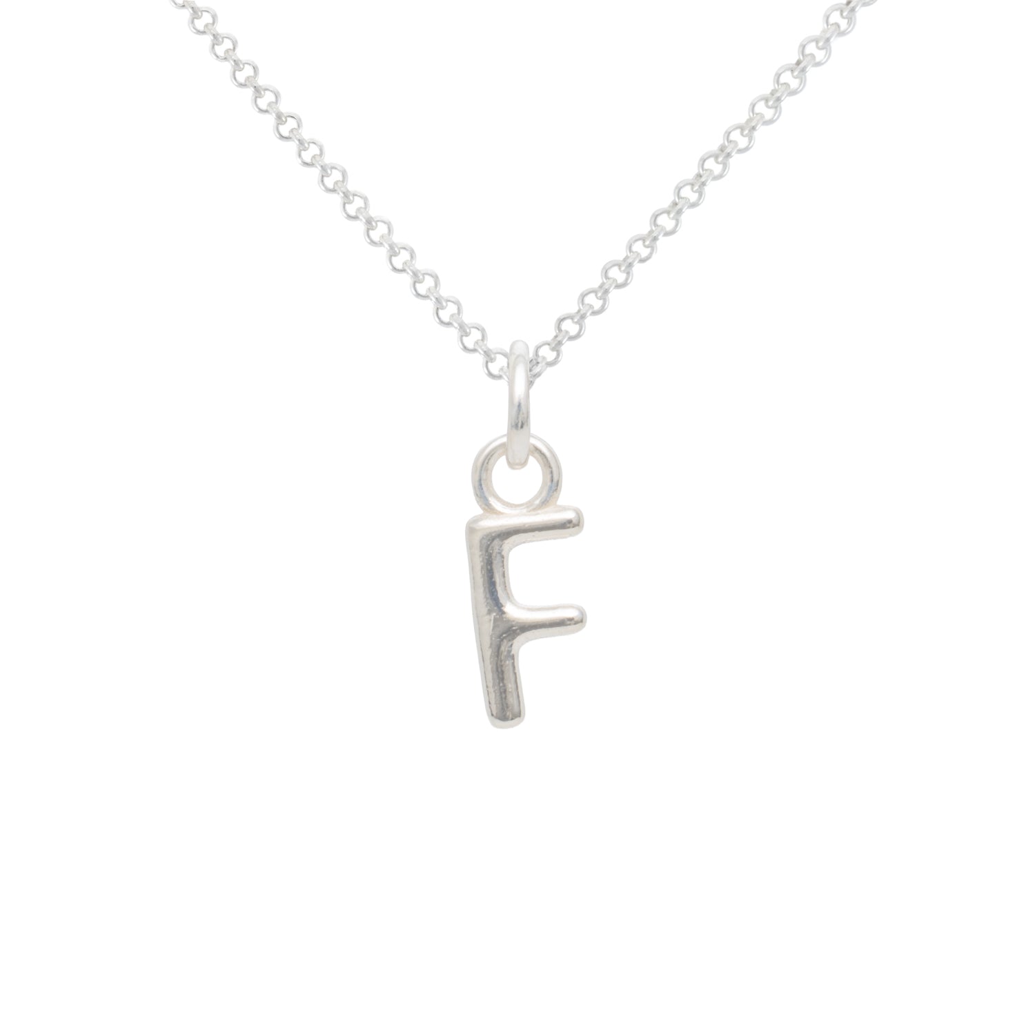 Silver necklace with a 'F' pendant on a white background
