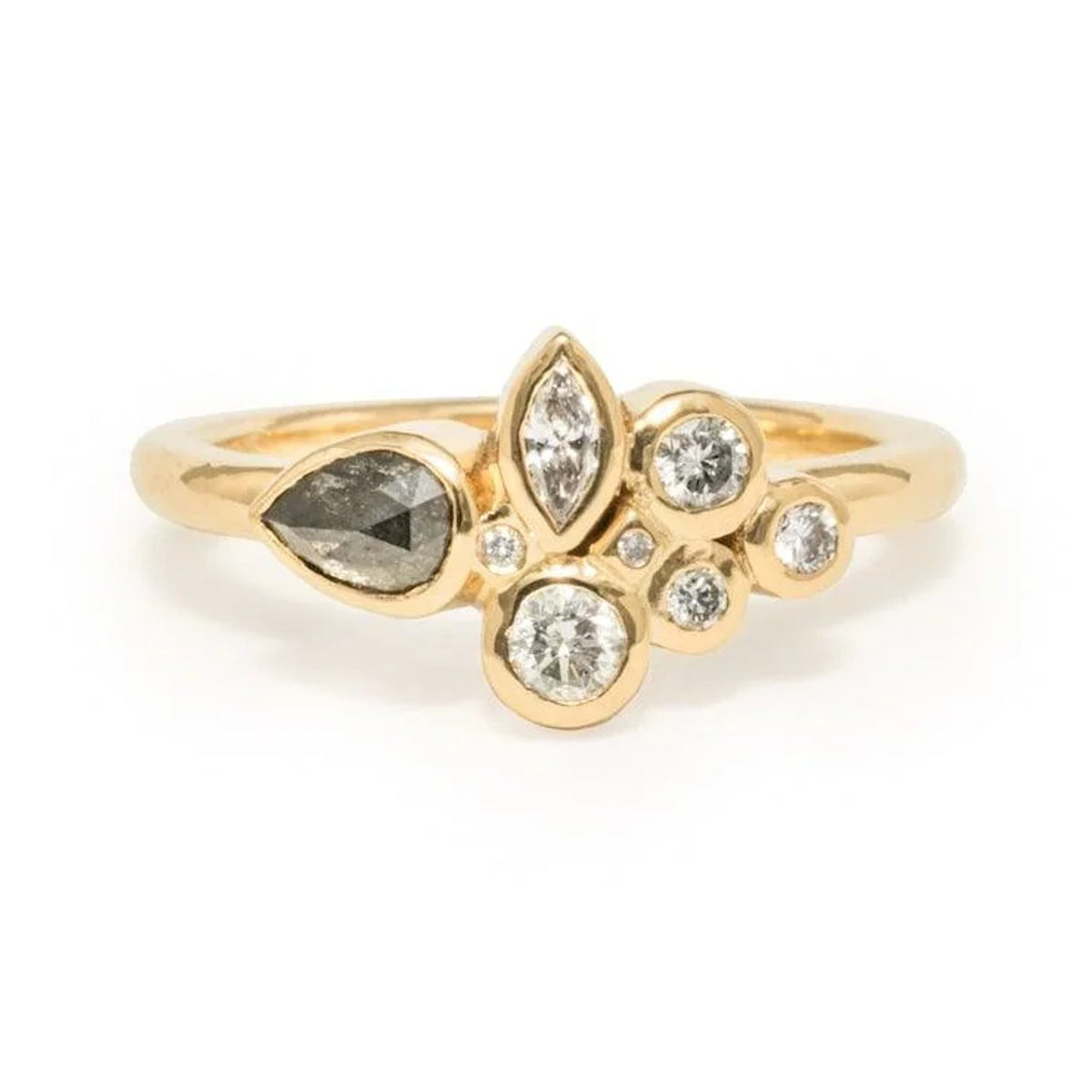 Farrah cluster ring in 14k gold with a salt and pepper pear diamond and bezel-set white diamonds, front view