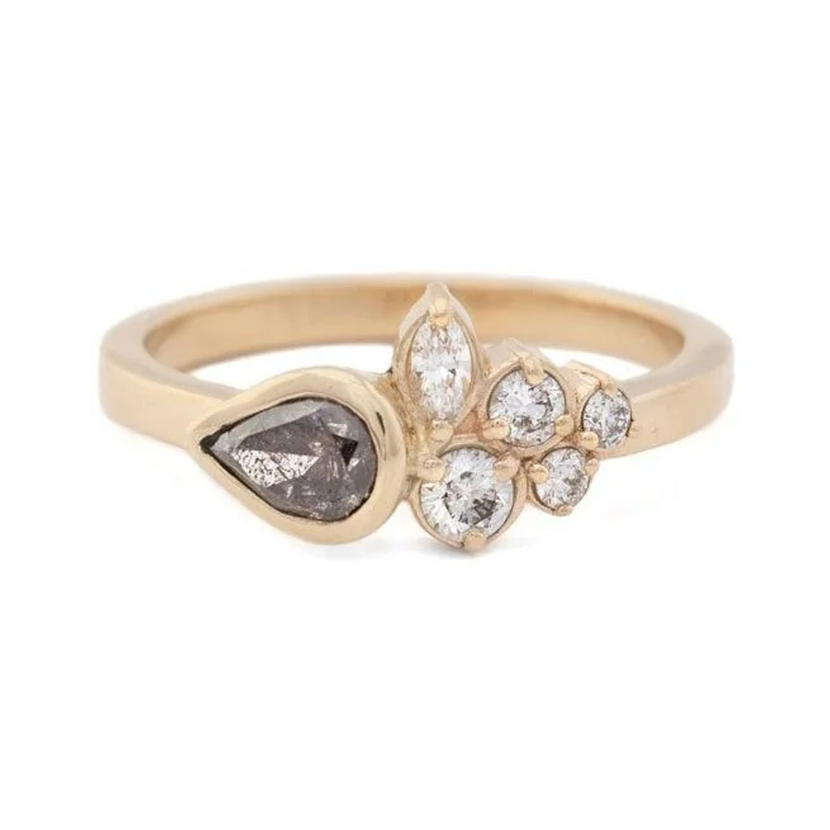 Fiona salt and pepper diamond cluster ring in 14k gold with pear, marquise and round stones, front view