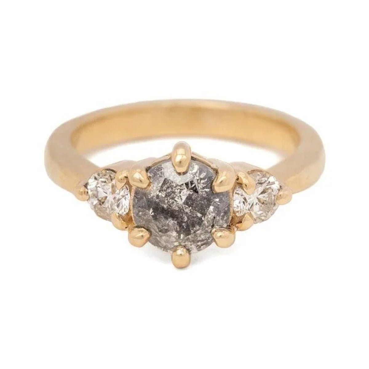 Frankie custom three-stone ring with a grey centre stone and two white side stones, front view