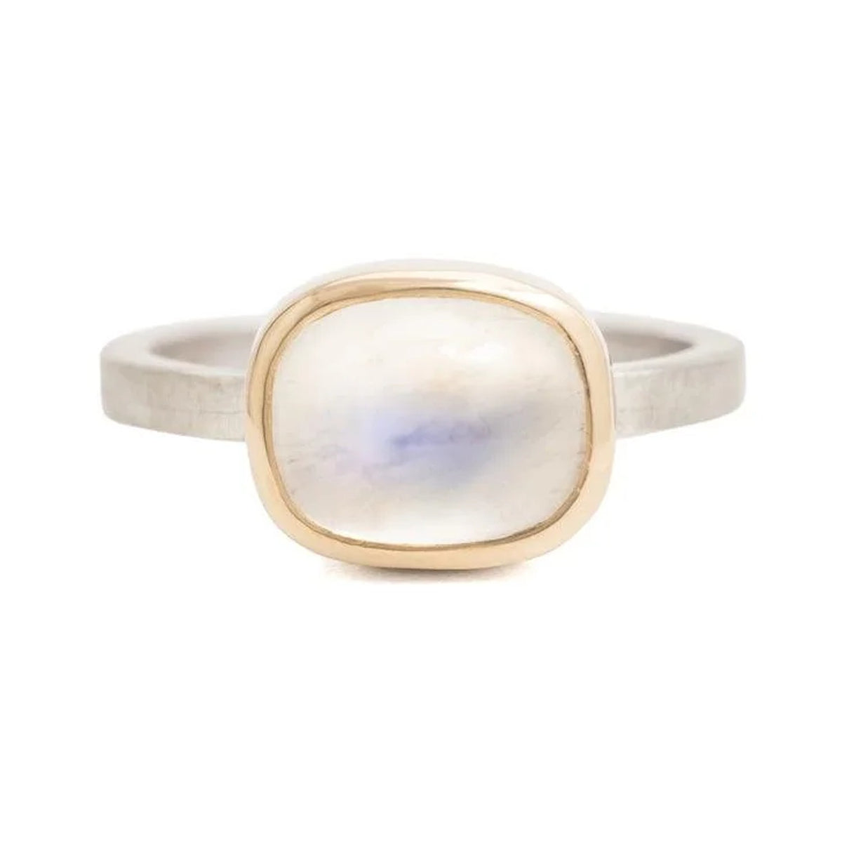 Franny ring with a moonstone in a 14k gold bezel on a sterling silver band, front view