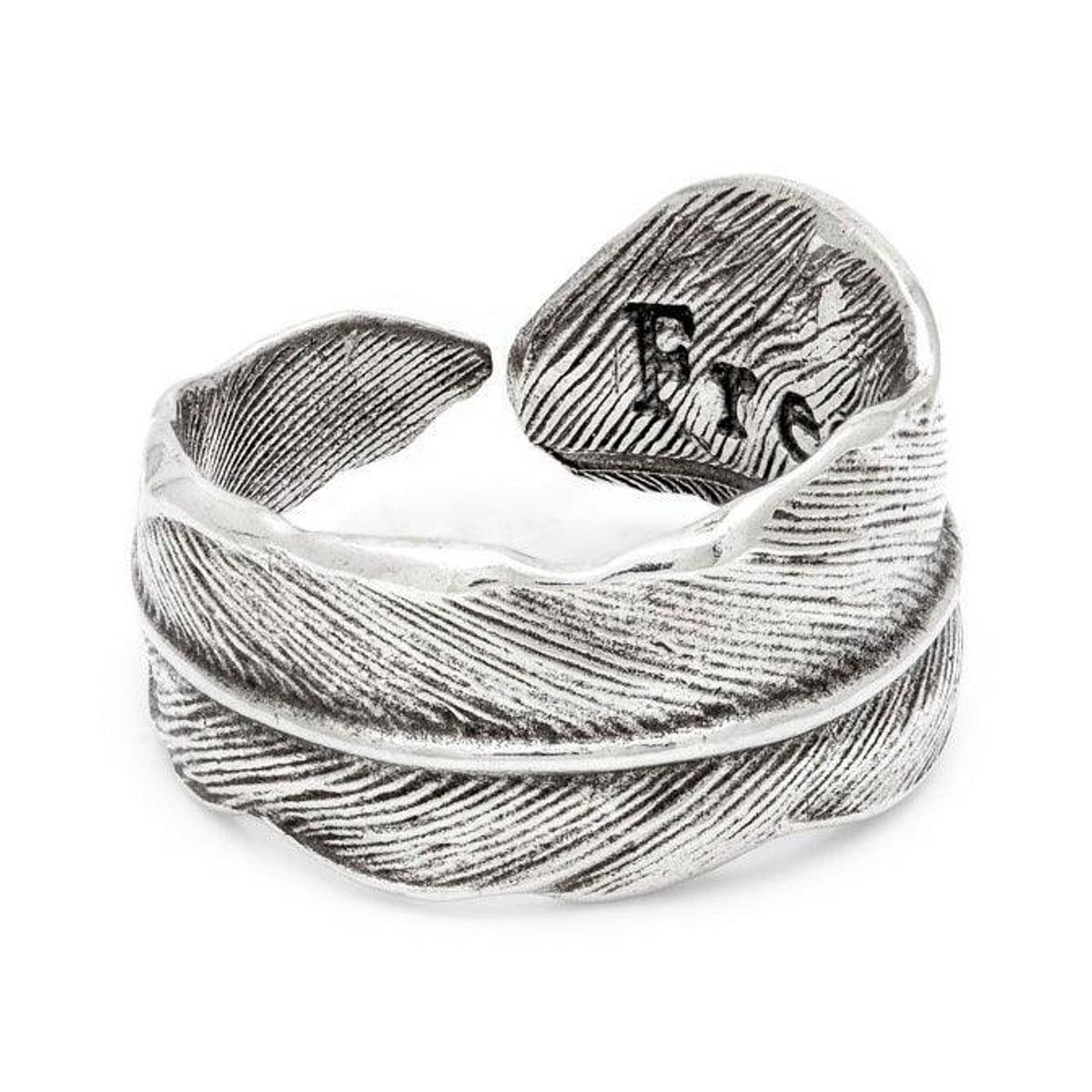 Free Bird Feather Ring in sterling silver, feather texture with engraved lettering