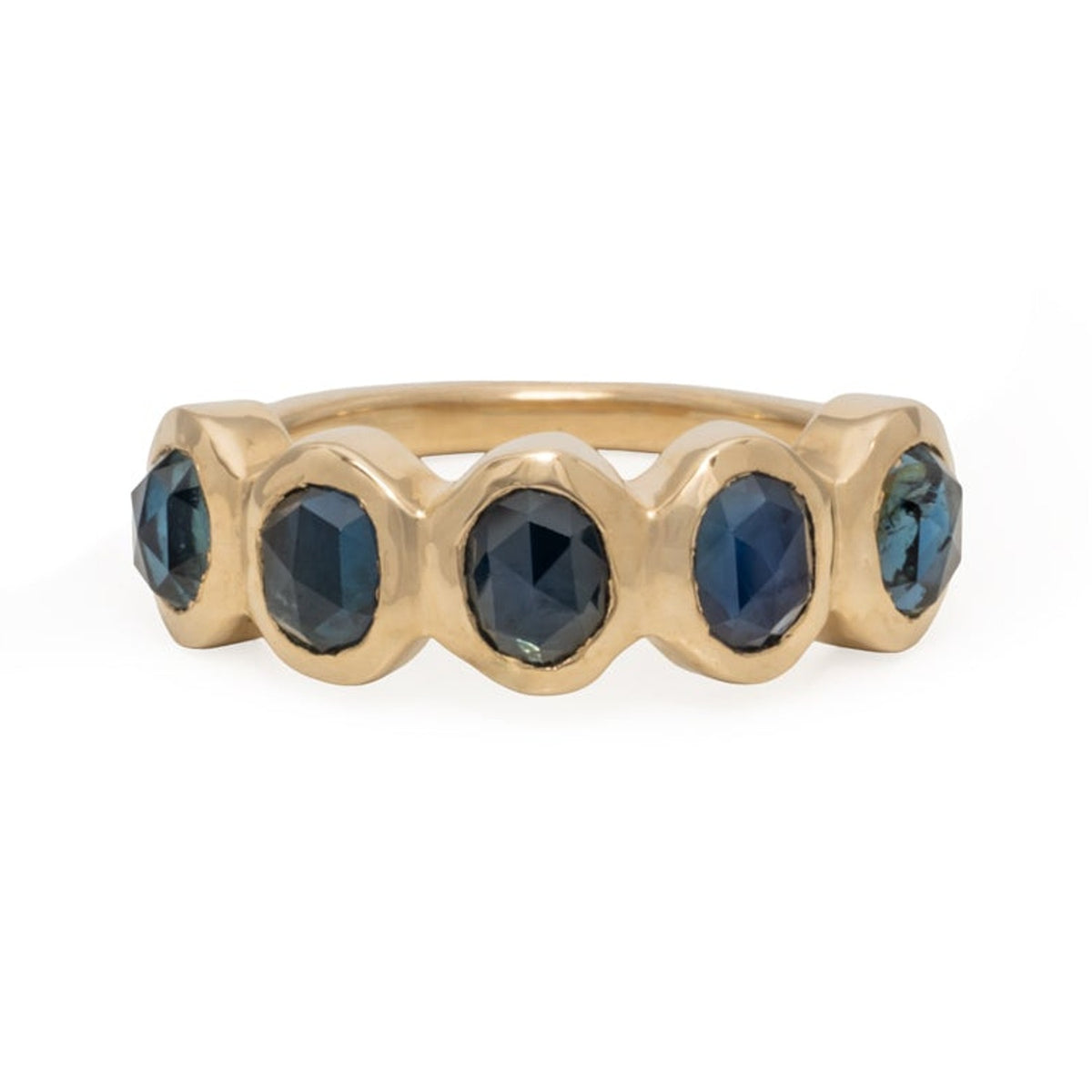 Frida ring with five oval blue sapphires bezel set in 14k gold, front view
