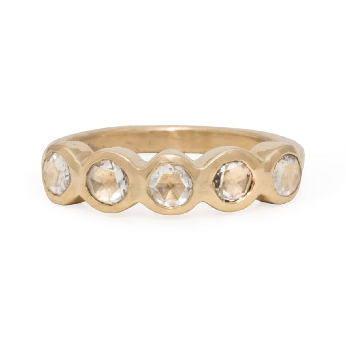 Frida ring with five round diamonds bezel set in 14k gold, front view