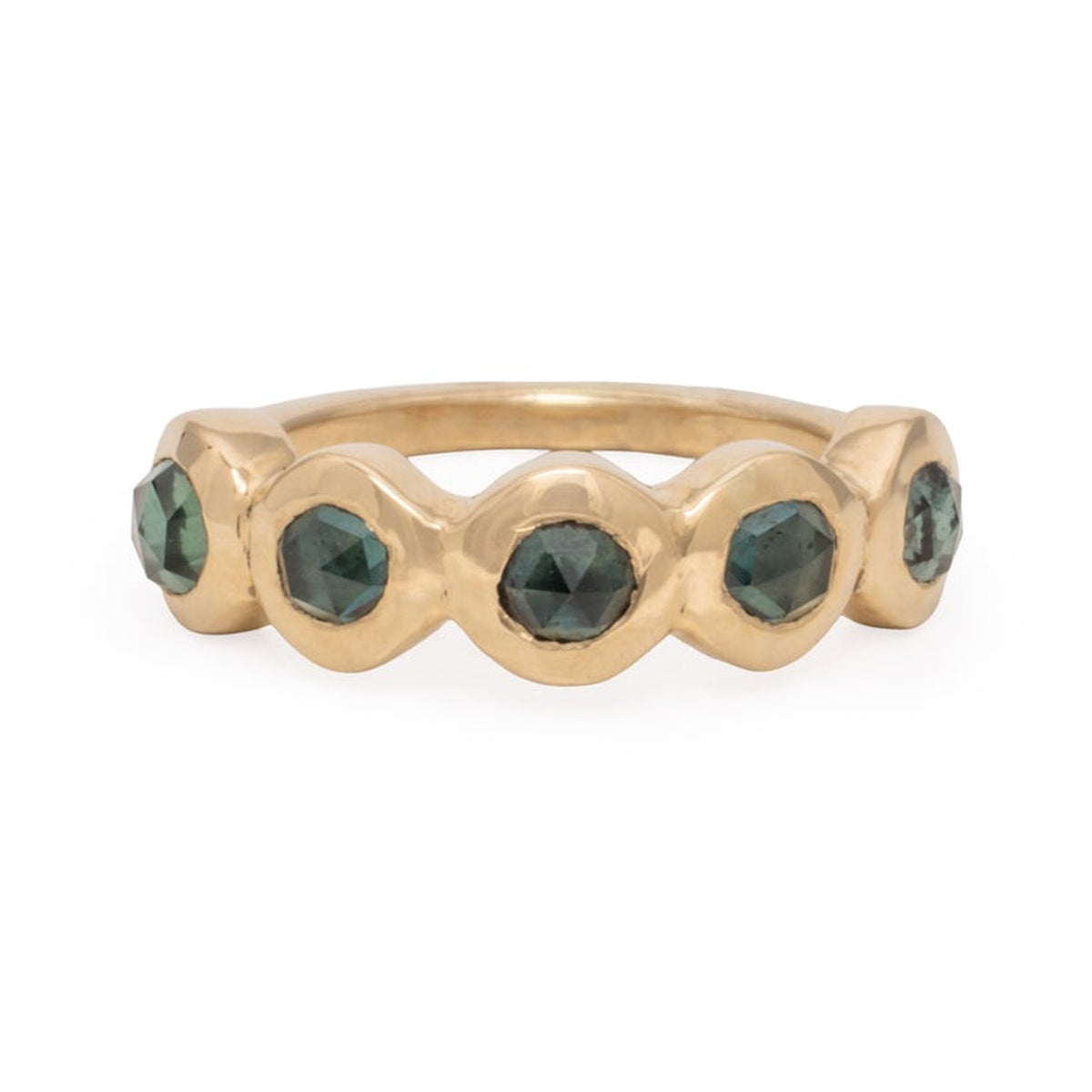 Frida ring with five round green sapphires bezel set in 14k gold, front view