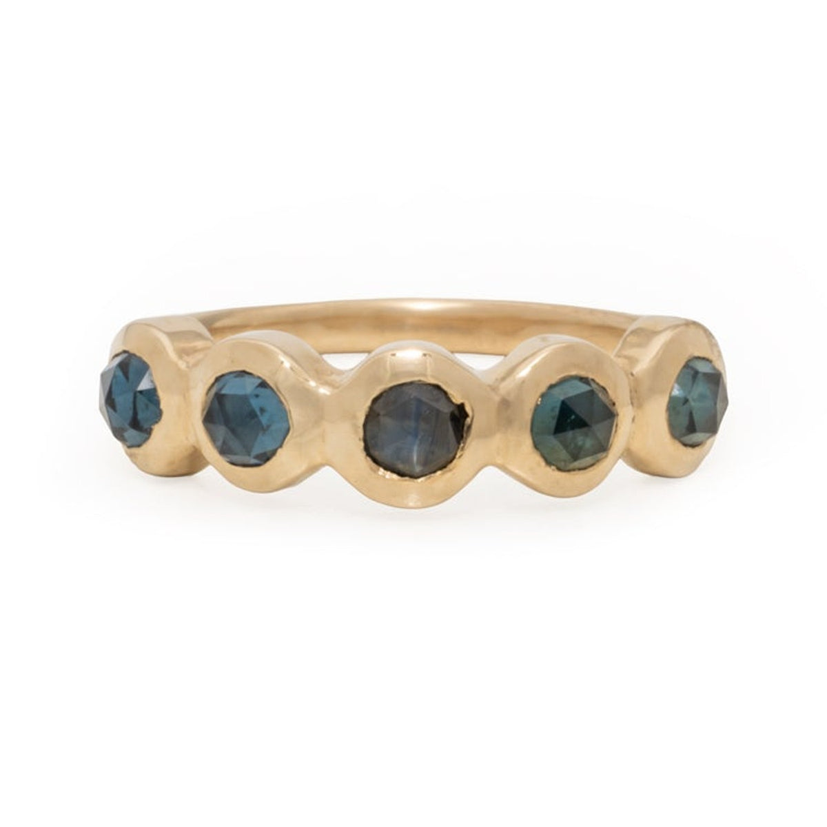 Petite Frida ring with five round blue sapphires bezel set in 14k gold, front view