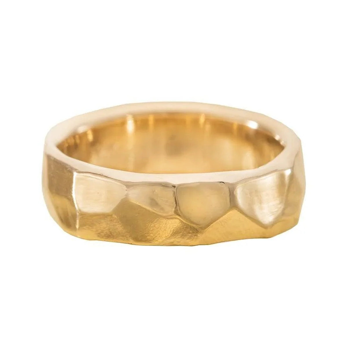 Geometric band in 14k yellow gold with wide faceted sides and a high polish finish, front view