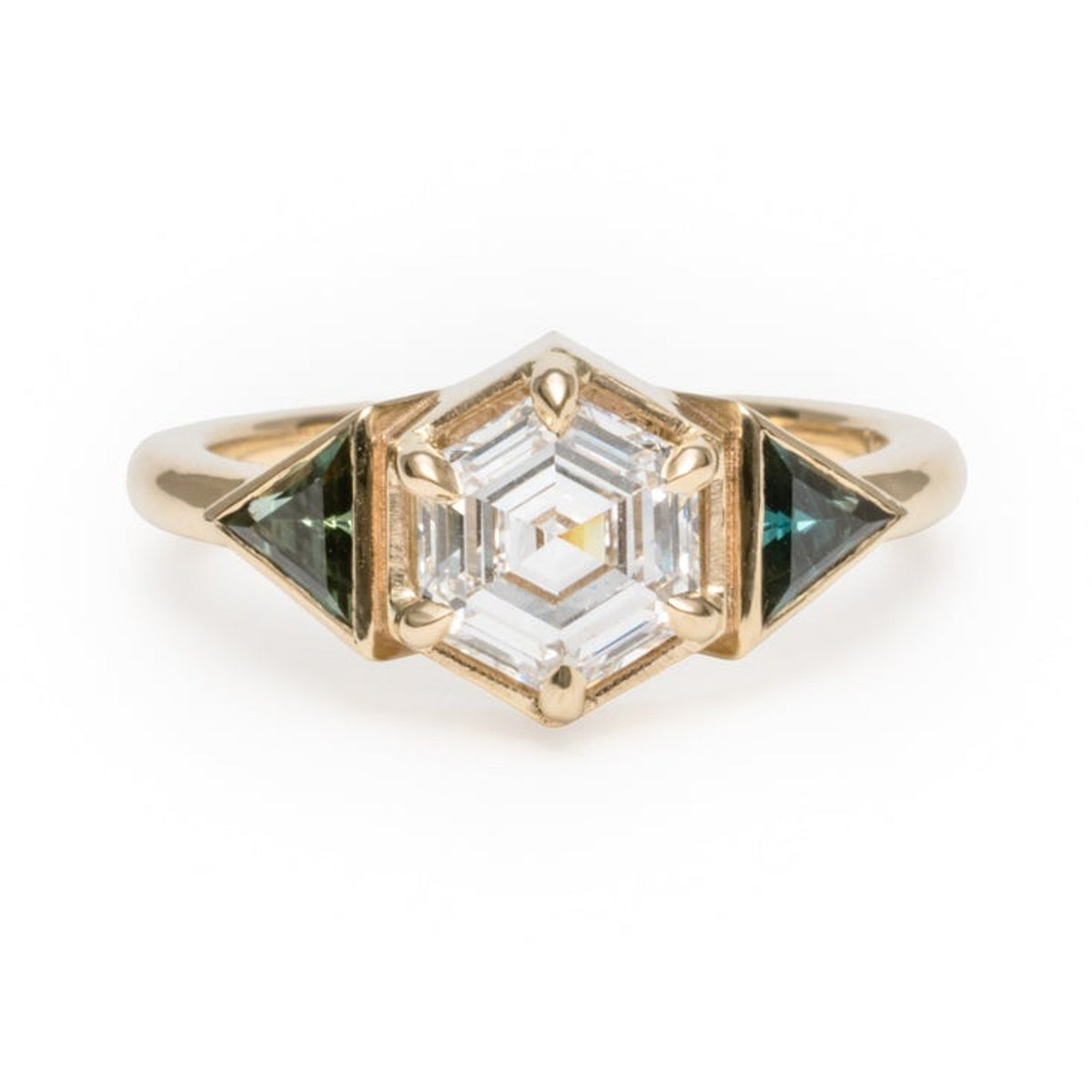 Gloria hexagon lab diamond ring in 14k gold with two triangle Australian sapphires, front view