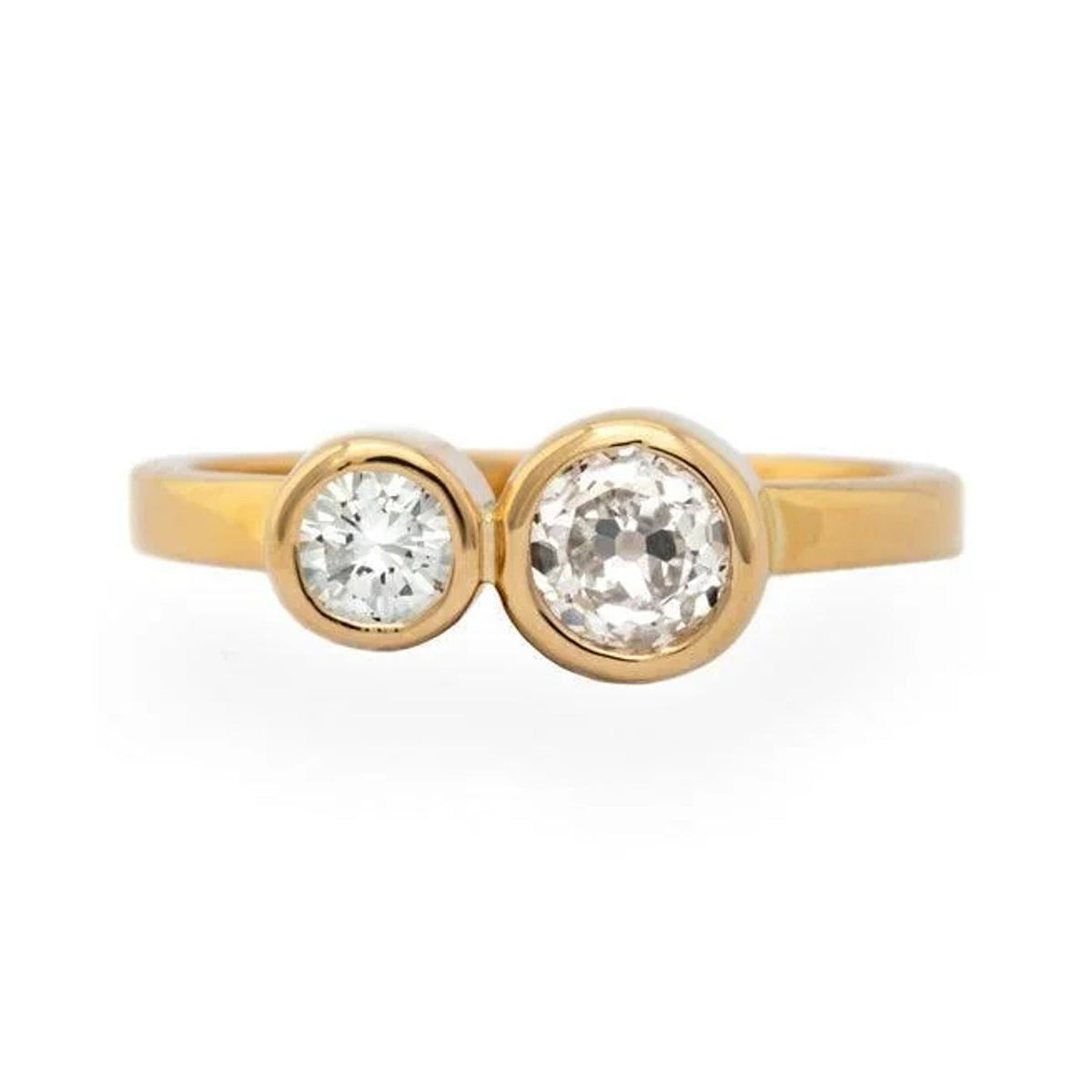 Stephanie gold ring with two bezel-set round diamonds side by side, front view