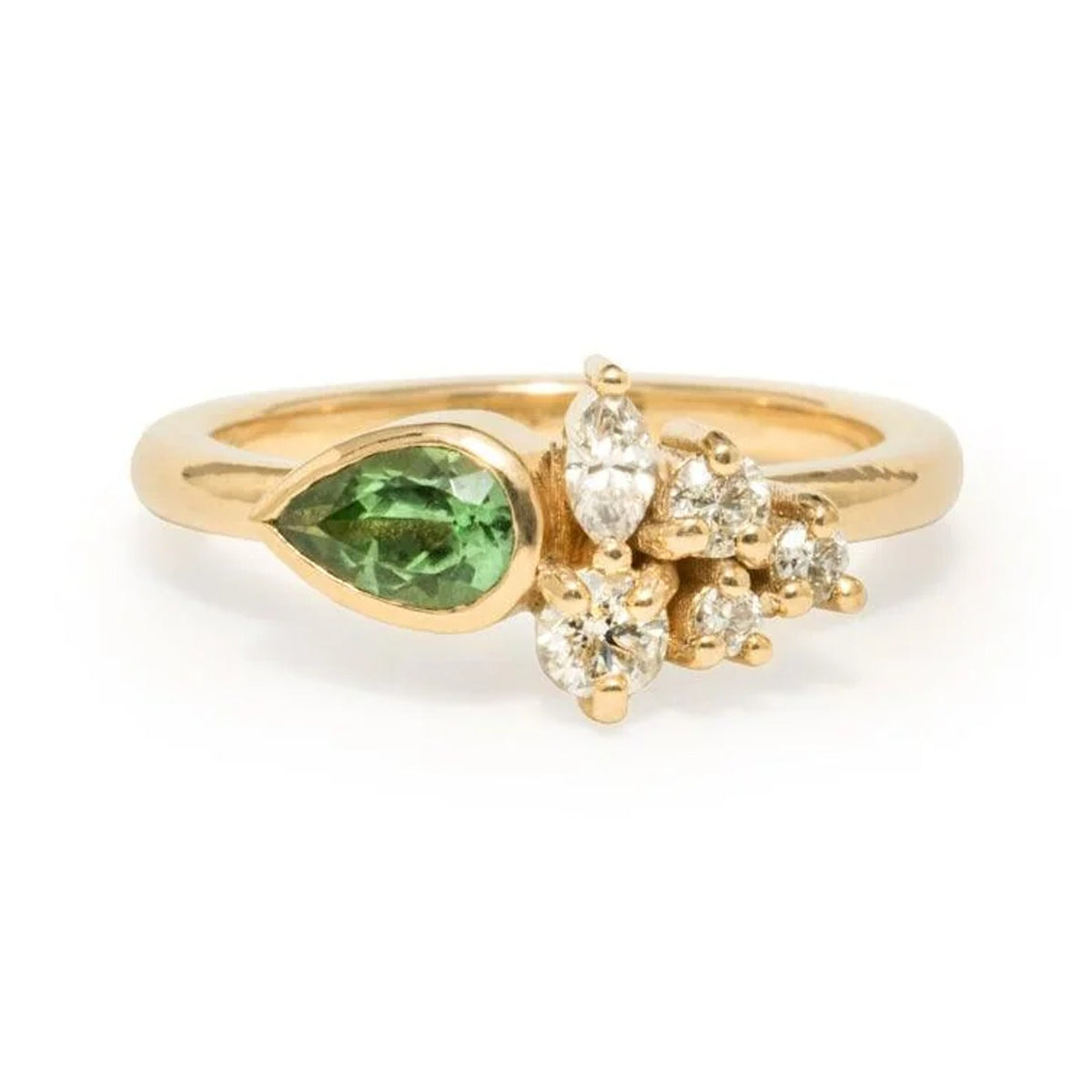 Fiona ring with a pear green tourmaline and a cluster of diamonds on a gold band, front view